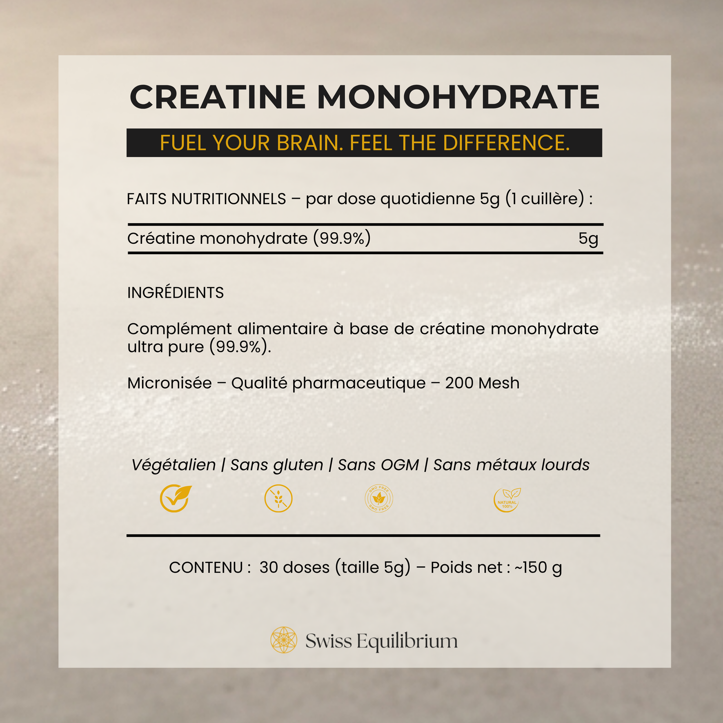 Créatine monohydrate 99,9 % pure fabriquée en Suisse