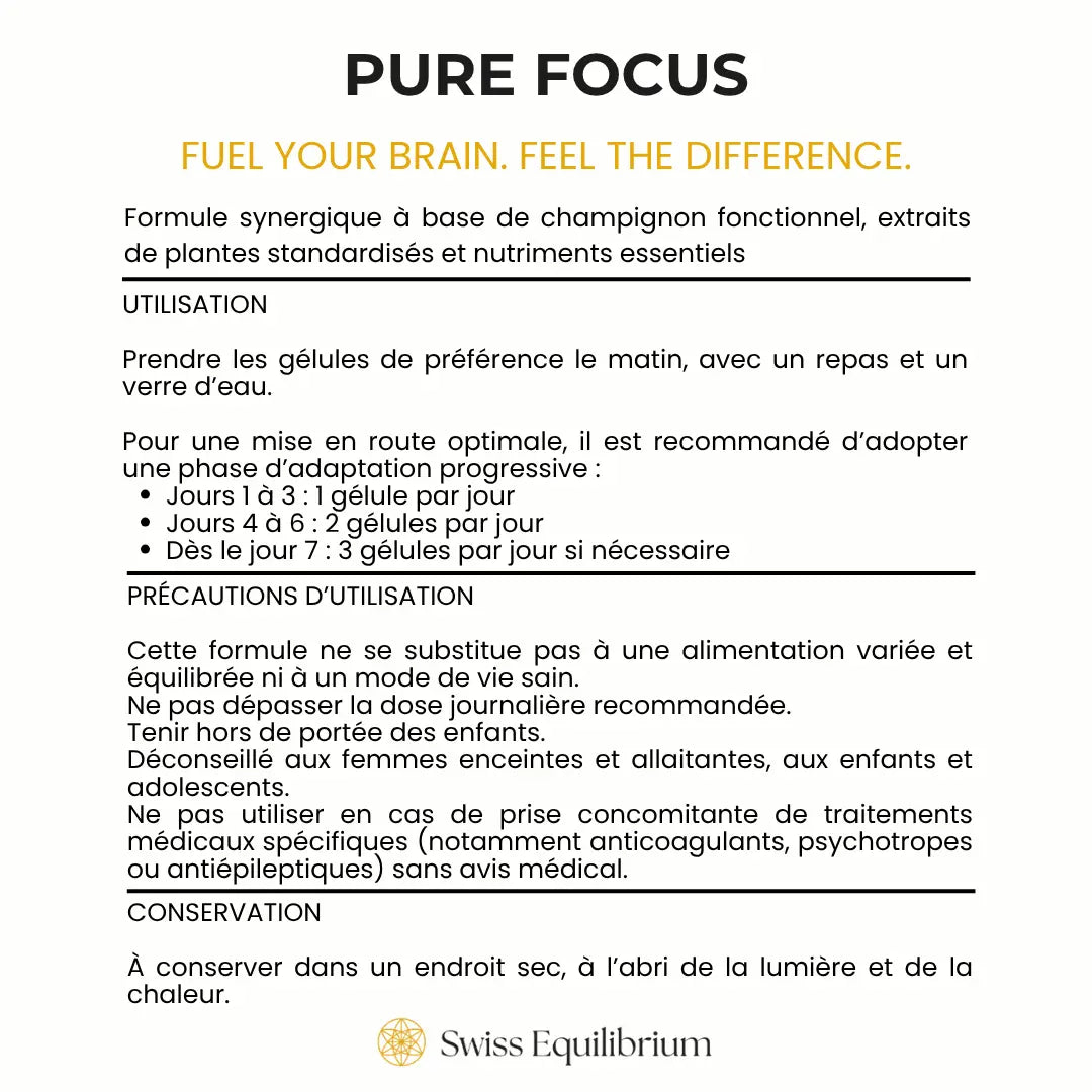 Image demonstrating the recommended use of Pure Focus capsules for daily cognitive performance and improved concentration.