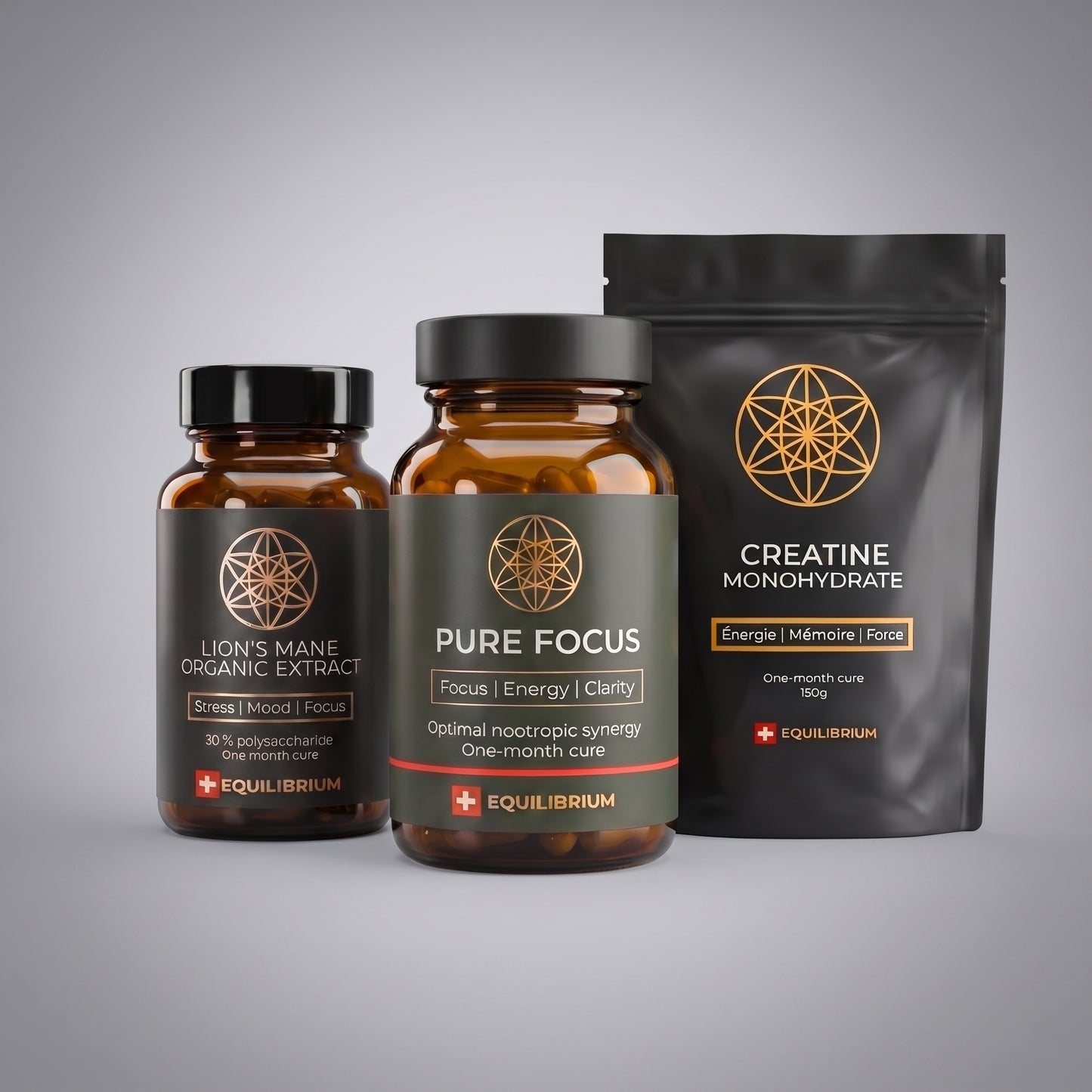 Stack du Focus, routine cognitive complète suisse : Pure Focus, Lion's Mane et Créatine