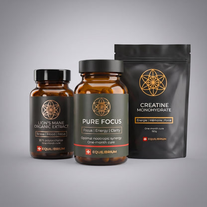 Stack du Focus, routine cognitive complète suisse : Pure Focus, Lion's Mane et Créatine