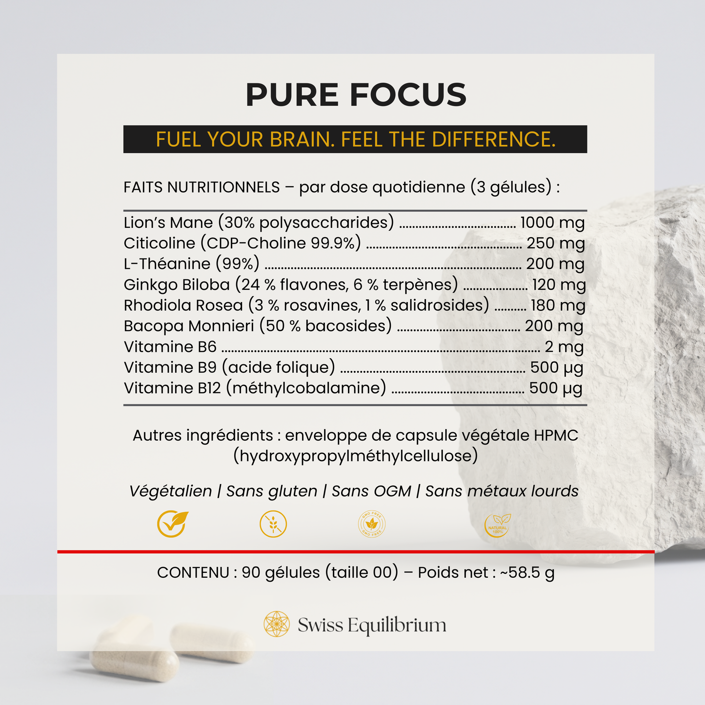 Composition de Pure Focus : citicoline, bacopa, ginkgo, L-théanine, rhodiola