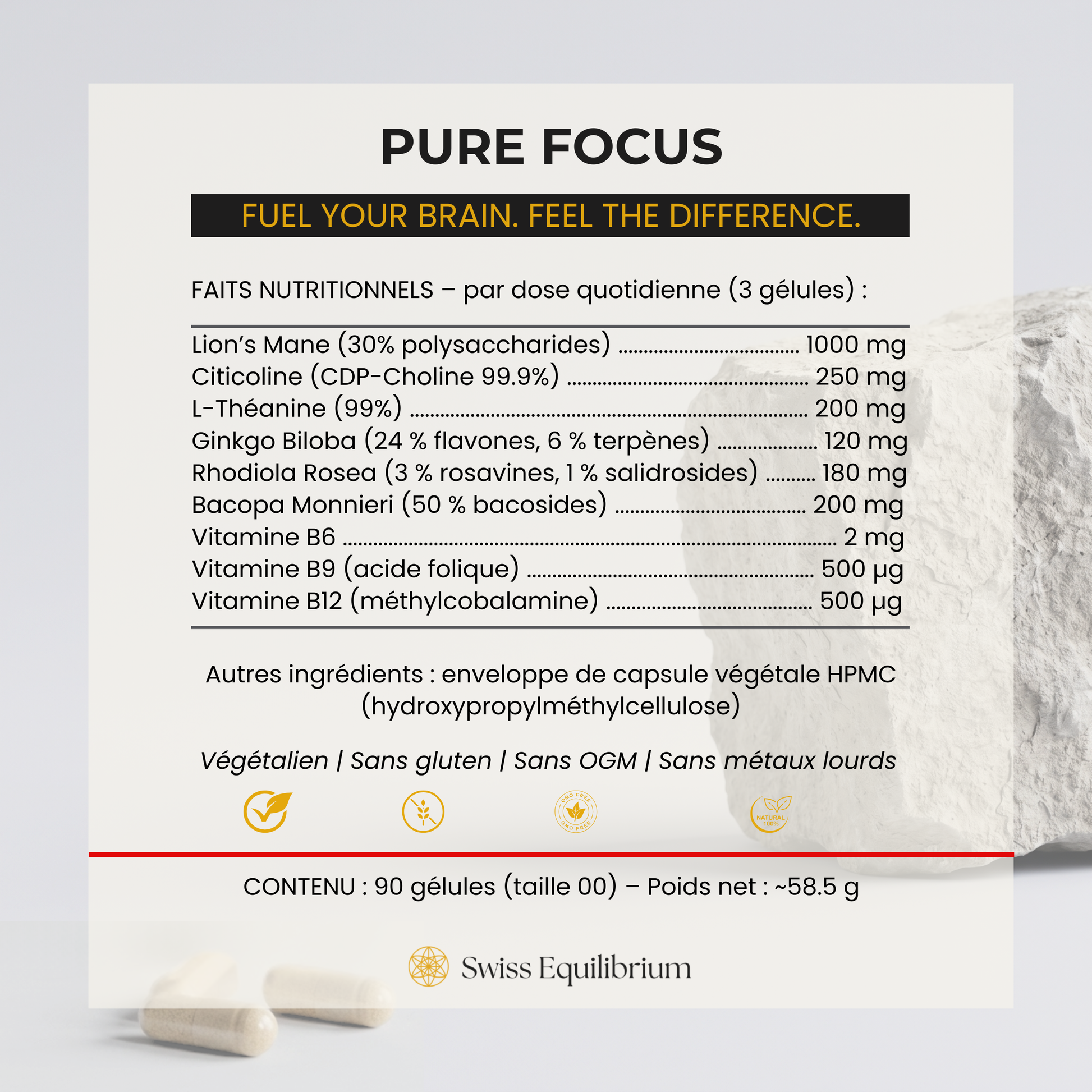 Composition de Pure Focus : citicoline, bacopa, ginkgo, L-théanine, rhodiola