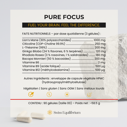 Composition de Pure Focus : citicoline, bacopa, ginkgo, L-théanine, rhodiola