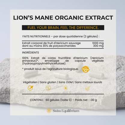 Gélules de Lion's Mane bio, extrait standardisé 30 % polysaccharides