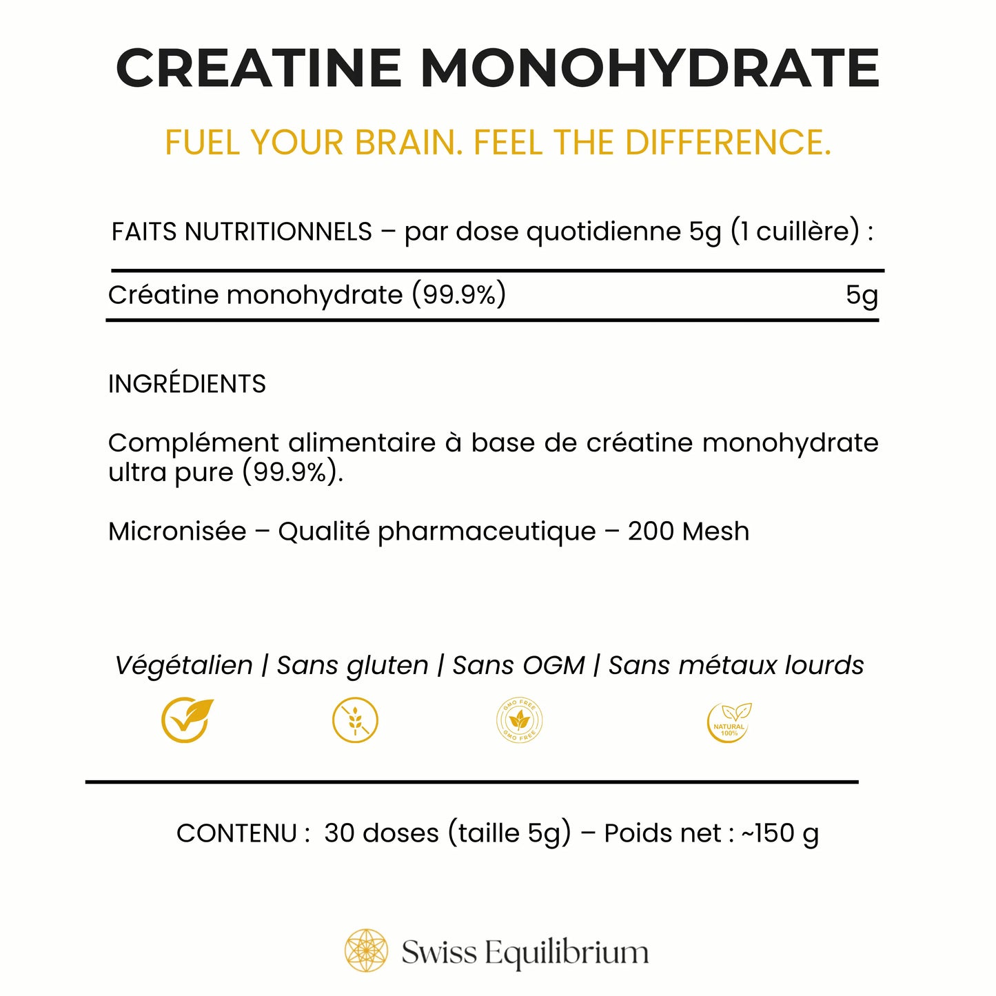 Close-up of Creatine ingredients label showing it is 99.9% Pure Creatine Monohydrate. High-quality supplement for athletic performance.