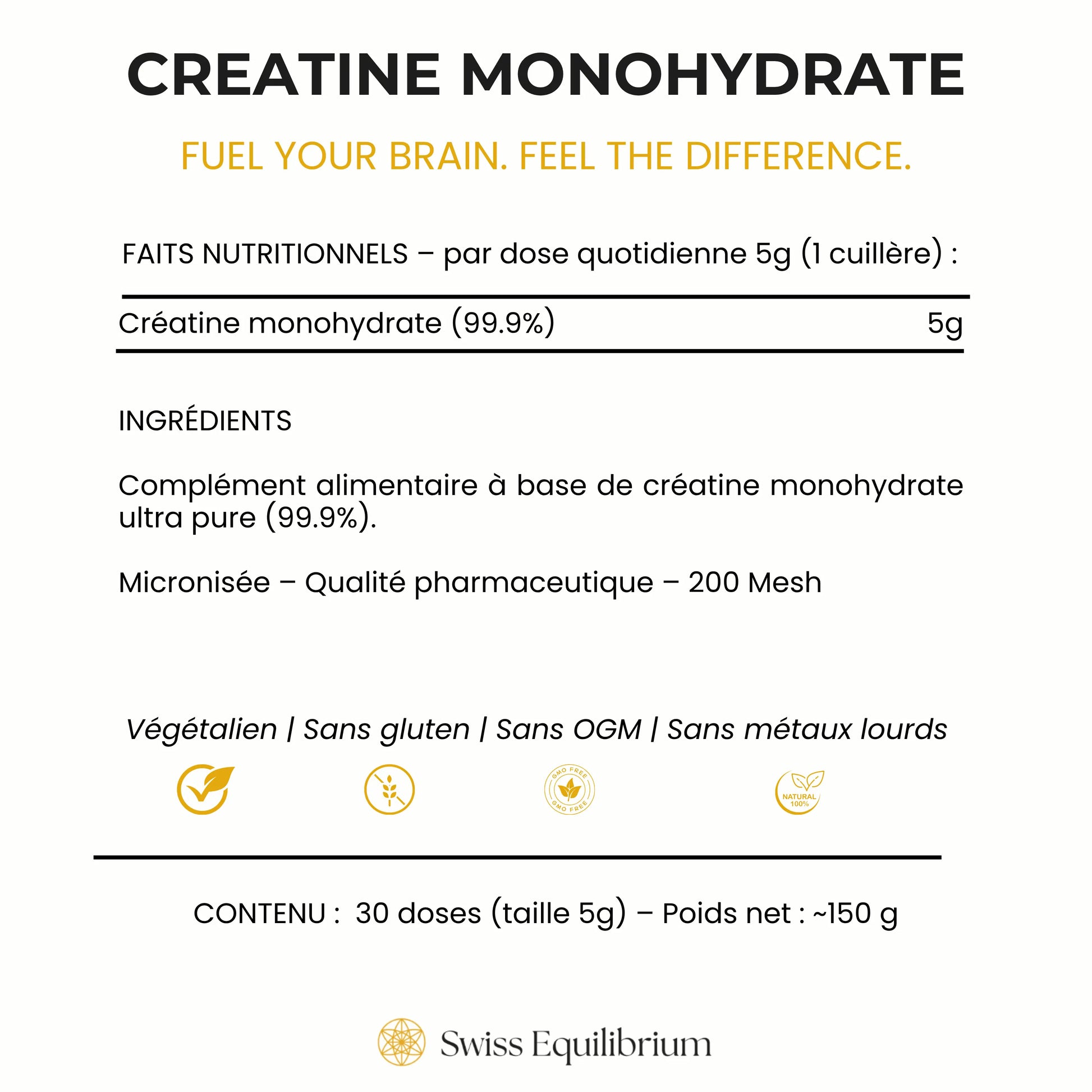 Close-up of Creatine ingredients label showing it is 99.9% Pure Creatine Monohydrate. High-quality supplement for athletic performance.