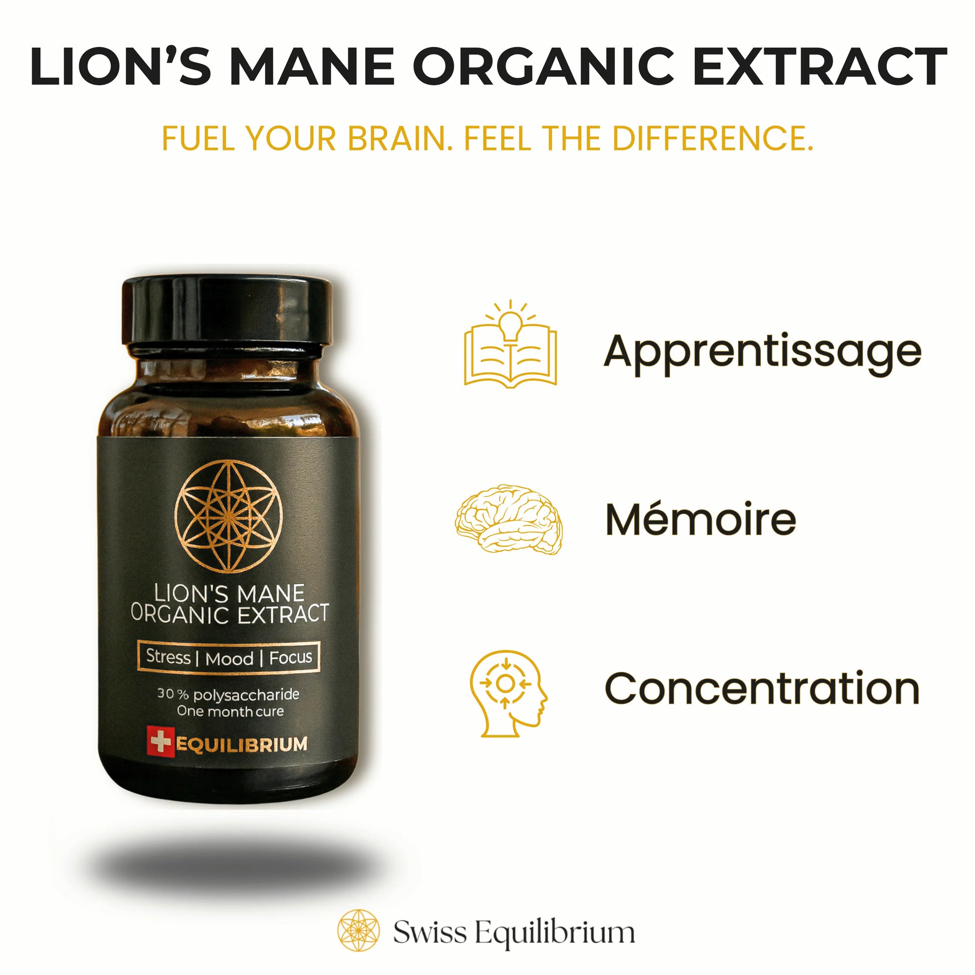 Lion's Mane mushroom supplement bottle with text listing 3 main benefits: supports cognitive function, promotes nerve health, and enhances focus.