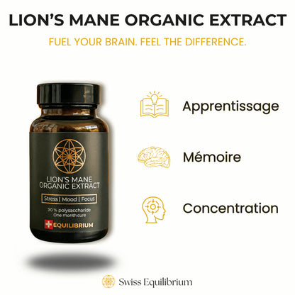 Lion's Mane mushroom supplement bottle with text listing 3 main benefits: supports cognitive function, promotes nerve health, and enhances focus.