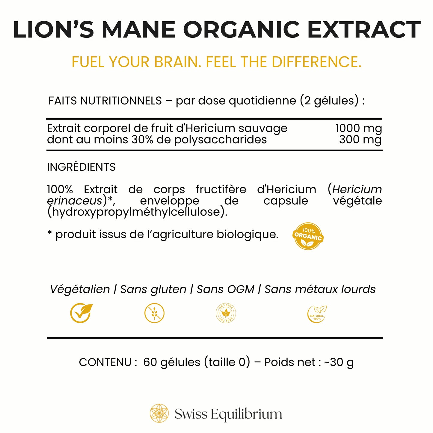 Close-up of the Lion's Mane supplement ingredients label showing a high concentration of Hericium erinaceus extract.