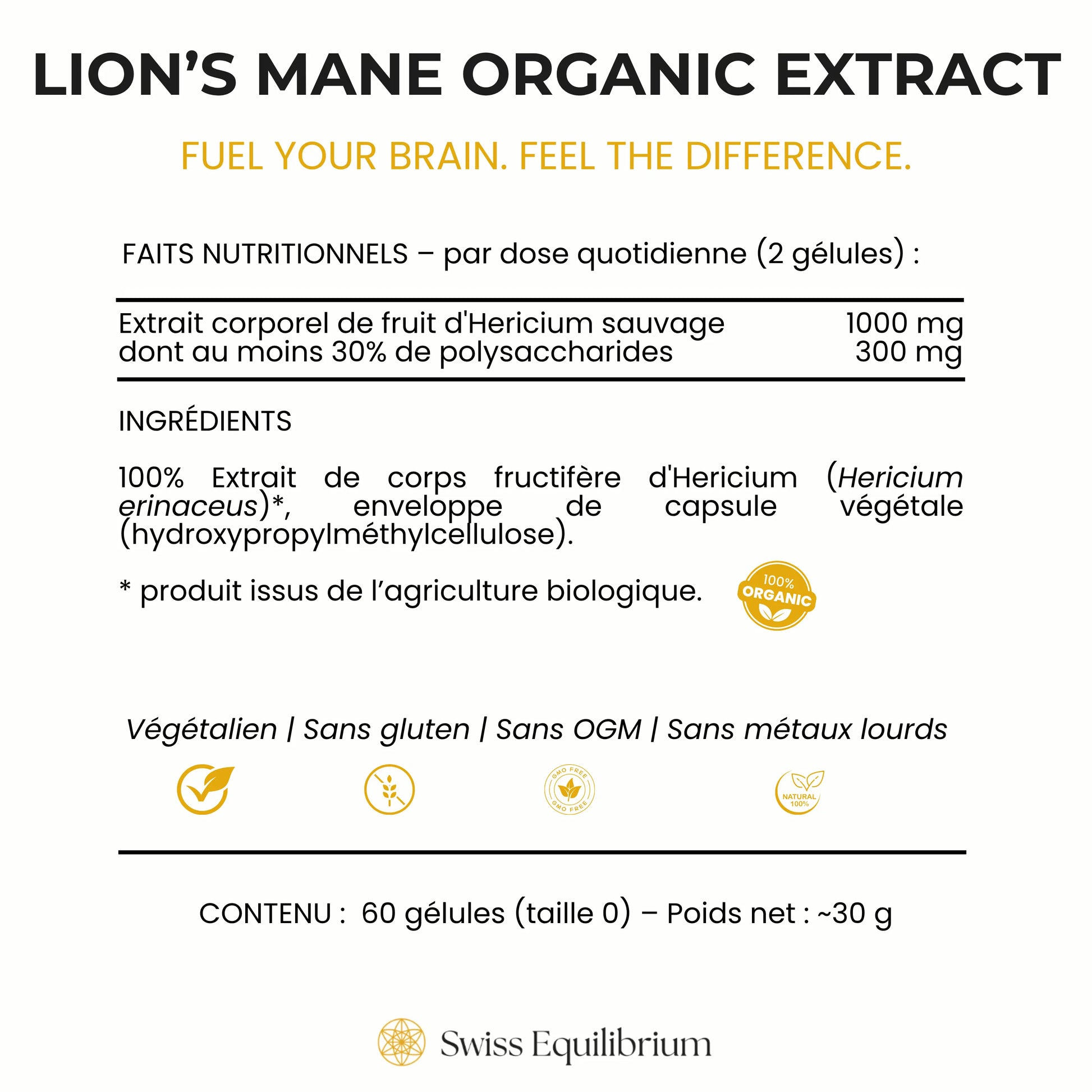 Close-up of the Lion's Mane supplement ingredients label showing a high concentration of Hericium erinaceus extract.