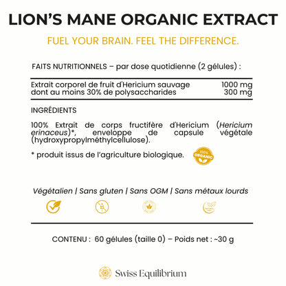 Close-up of the Lion's Mane supplement ingredients label showing a high concentration of Hericium erinaceus extract.