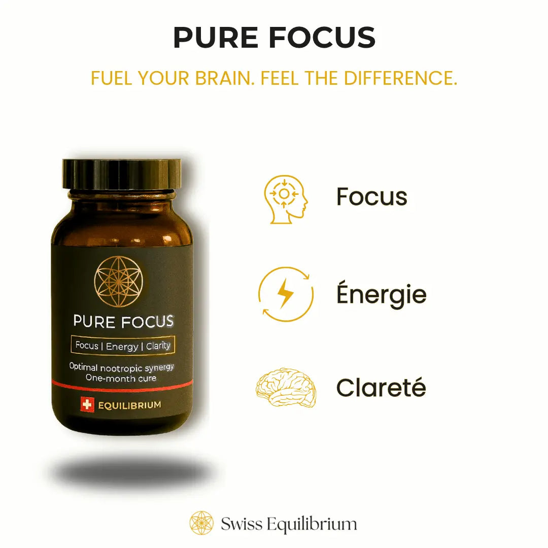 Pure Focus nootropic supplement bottle with text listing 3 main benefits: sharp mental clarity, sustained concentration, and enhanced energy.