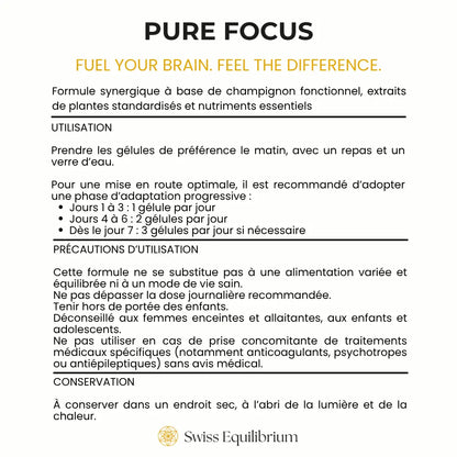 Image demonstrating the recommended use of Pure Focus capsules for daily cognitive performance and improved concentration.