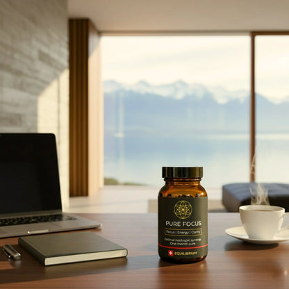 Person working intensely at a desk with a laptop, the Pure Focus nootropic bottle is visible, symbolizing enhanced concentration and mental clarity for deep work or studying.